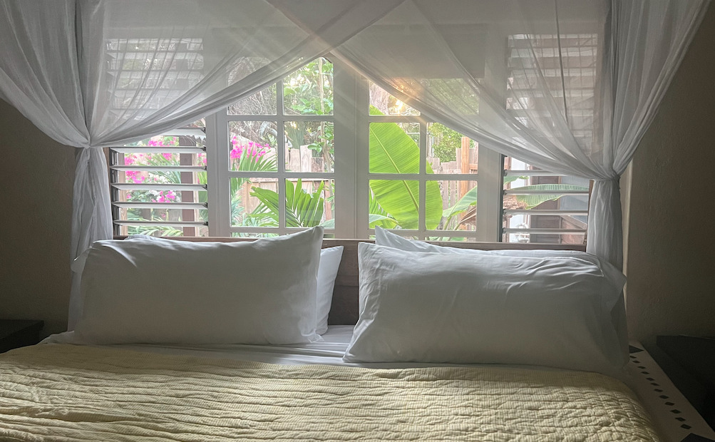 Katamah Beachfront Guesthouse cotton box mosquito net bed canopy, Treasure Beach, Jamaica